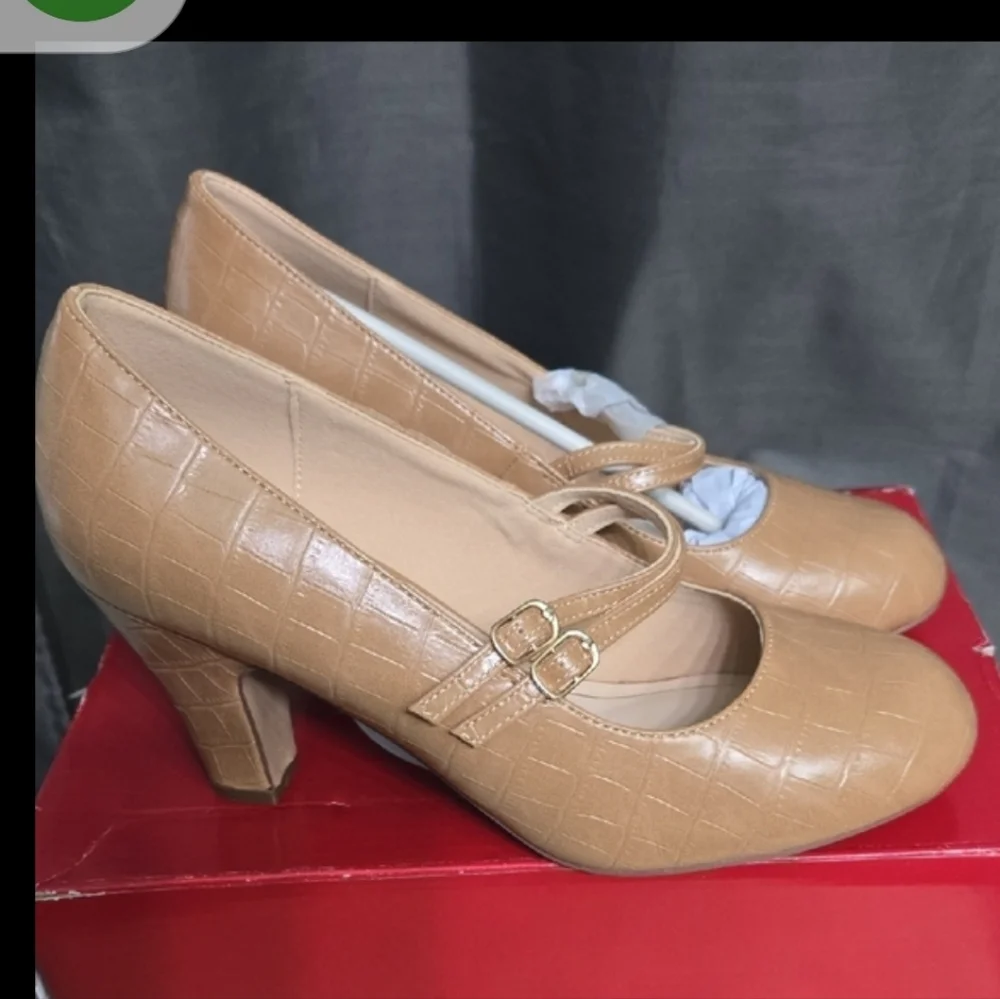 8 Wide Journee Collection Tan Mary Jane Heels